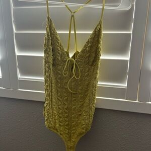 Lulu's Mustard Textured Lace-Up Bodysuit